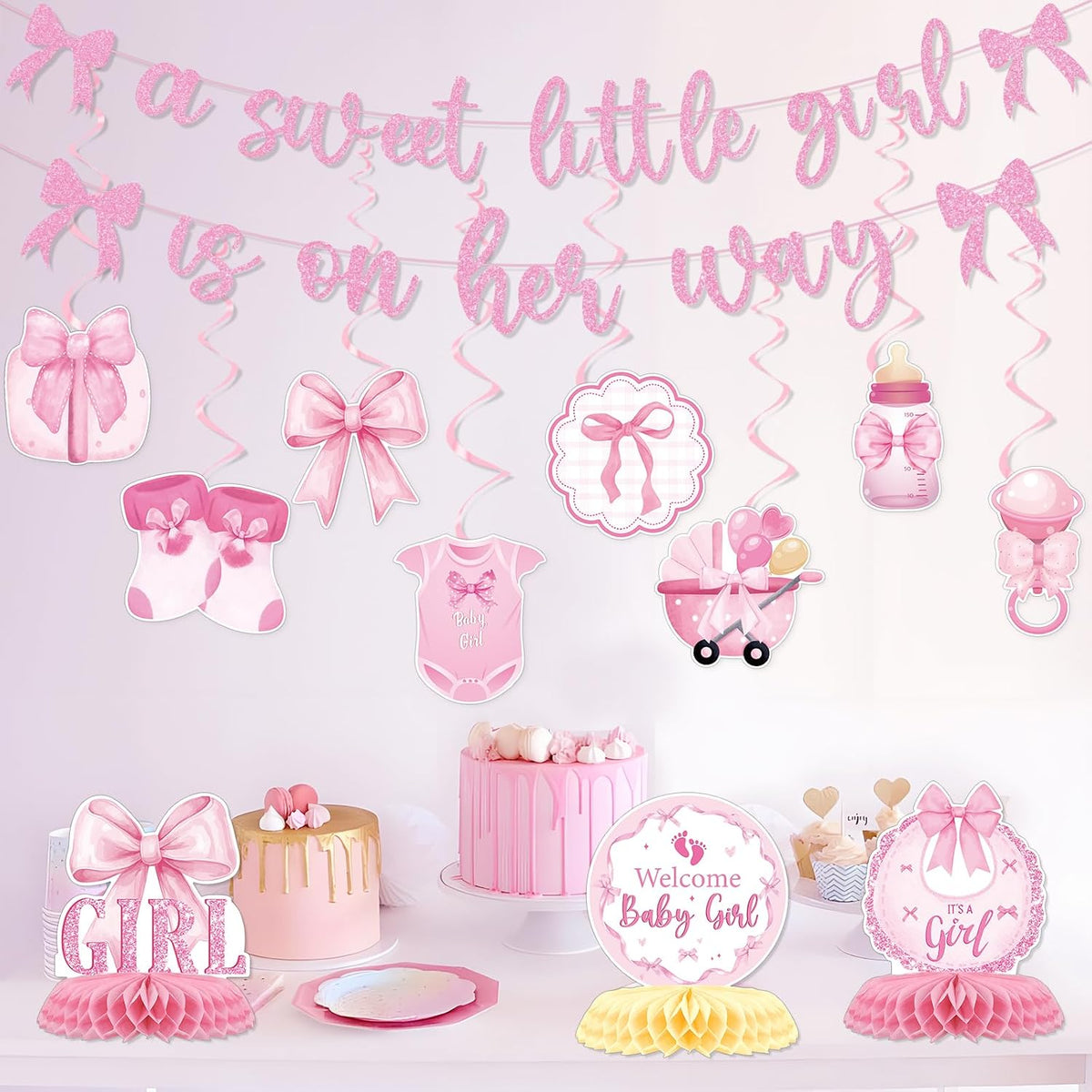 Pink Bow Baby Shower Decorations - 13Pcs a Sweet Little Girl is on Her Way Banners with Hanging Swirls Decoration Coquette Honeycomb Centerpiece Decor Supplies