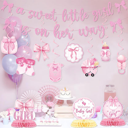 Pink Bow Baby Shower Decorations - 13Pcs a Sweet Little Girl is on Her Way Banners with Hanging Swirls Decoration Coquette Honeycomb Centerpiece Decor Supplies