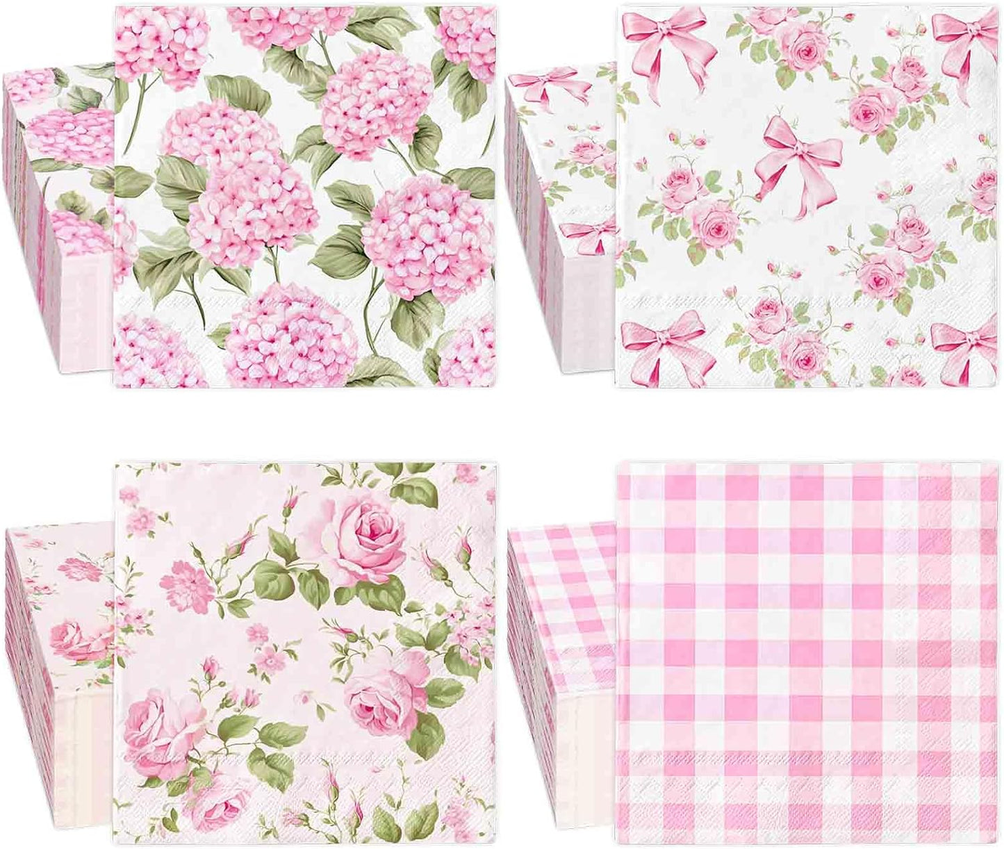 100 Pcs Spring Floral Luncheon Napkins Pink Hydrangea Rose Flower Bow Disposable Paper Napkin Decorative Dessert Dinner Hand Napkin for Decoupage Home Party Table Supplies Decor