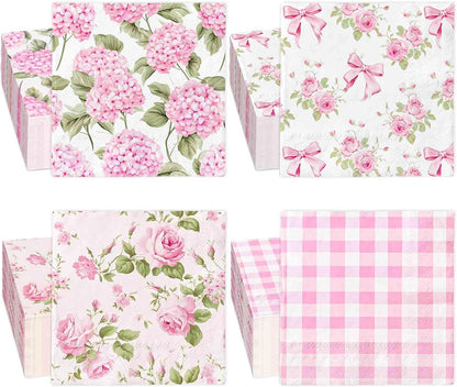 100 Pcs Spring Floral Luncheon Napkins Pink Hydrangea Rose Flower Bow Disposable Paper Napkin Decorative Dessert Dinner Hand Napkin for Decoupage Home Party Table Supplies Decor