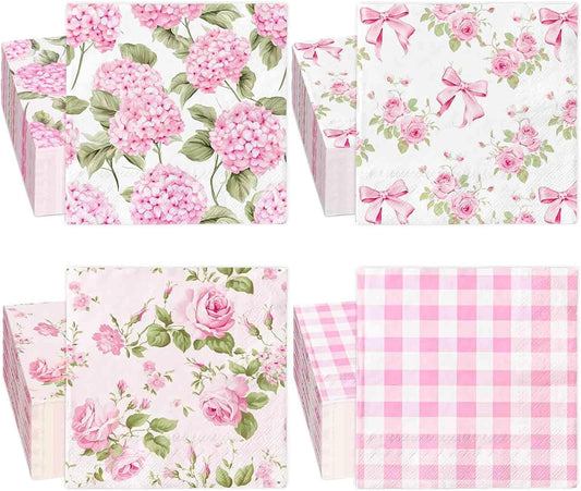 100 Pcs Spring Floral Luncheon Napkins Pink Hydrangea Rose Flower Bow Disposable Paper Napkin Decorative Dessert Dinner Hand Napkin for Decoupage Home Party Table Supplies Decor