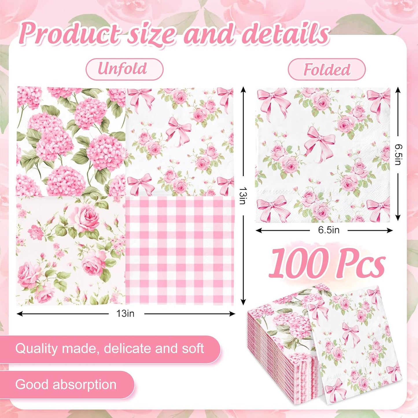 100 Pcs Spring Floral Luncheon Napkins Pink Hydrangea Rose Flower Bow Disposable Paper Napkin Decorative Dessert Dinner Hand Napkin for Decoupage Home Party Table Supplies Decor