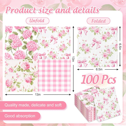 100 Pcs Spring Floral Luncheon Napkins Pink Hydrangea Rose Flower Bow Disposable Paper Napkin Decorative Dessert Dinner Hand Napkin for Decoupage Home Party Table Supplies Decor