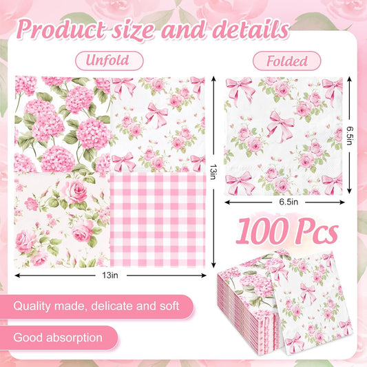 100 Pcs Spring Floral Luncheon Napkins Pink Hydrangea Rose Flower Bow Disposable Paper Napkin Decorative Dessert Dinner Hand Napkin for Decoupage Home Party Table Supplies Decor