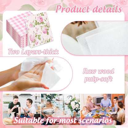 100 Pcs Spring Floral Luncheon Napkins Pink Hydrangea Rose Flower Bow Disposable Paper Napkin Decorative Dessert Dinner Hand Napkin for Decoupage Home Party Table Supplies Decor