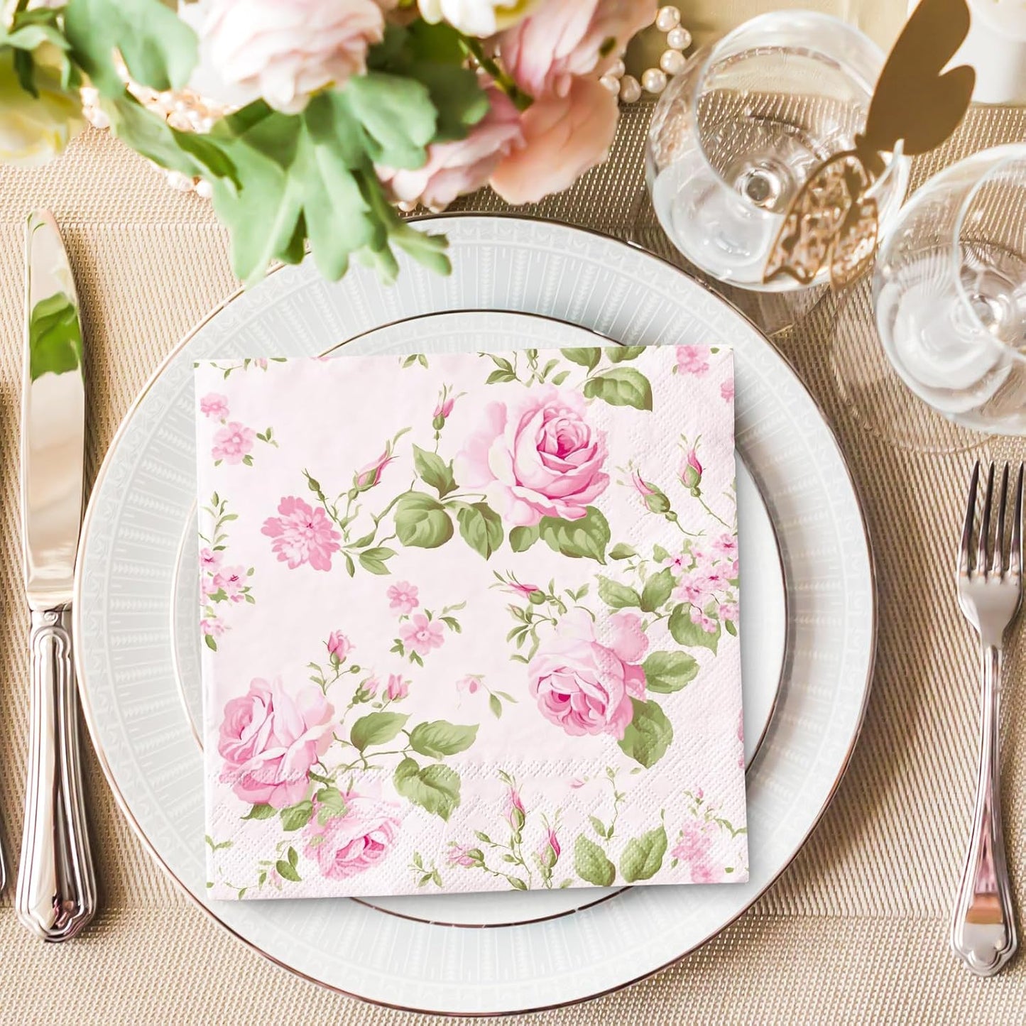 100 Pcs Spring Floral Luncheon Napkins Pink Hydrangea Rose Flower Bow Disposable Paper Napkin Decorative Dessert Dinner Hand Napkin for Decoupage Home Party Table Supplies Decor