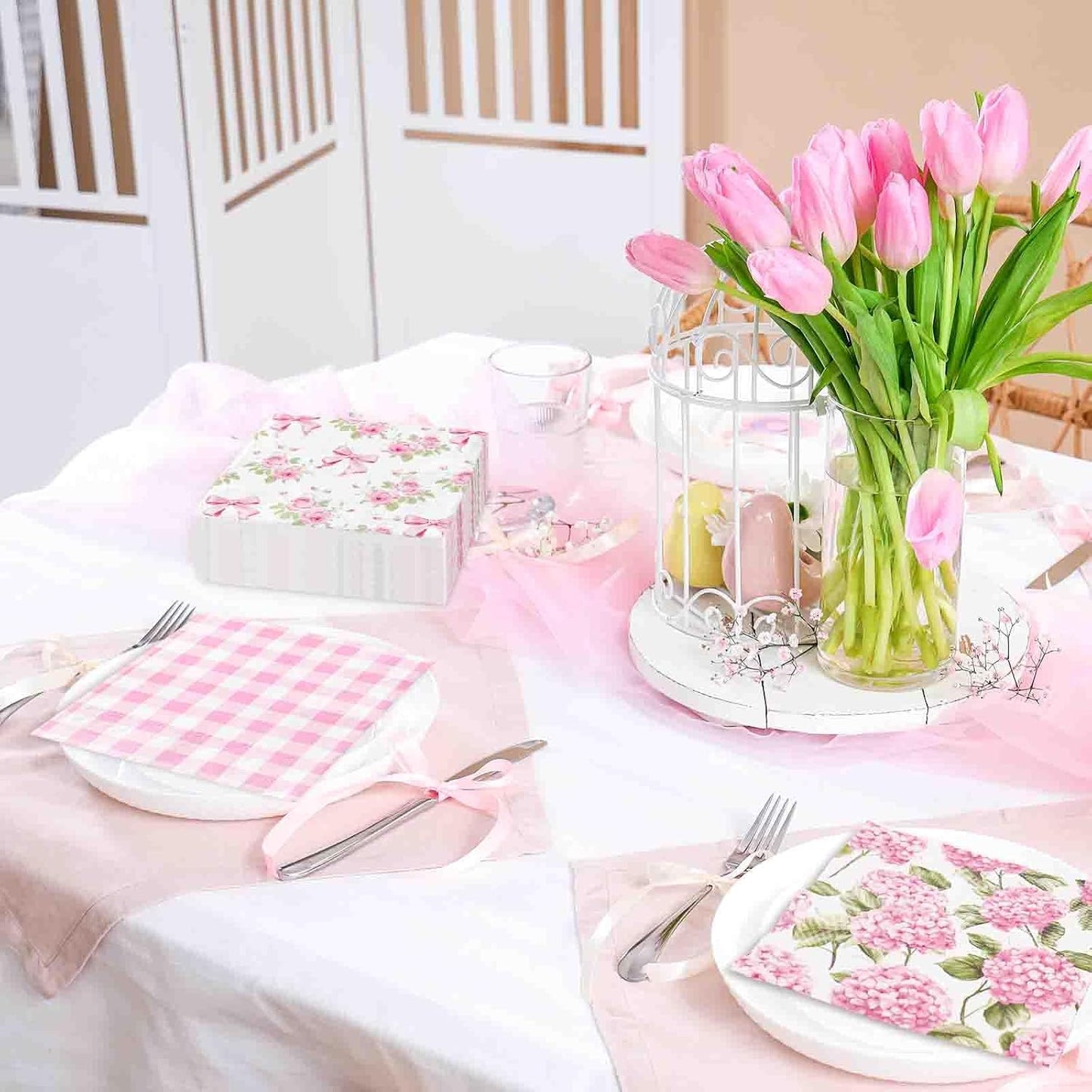 100 Pcs Spring Floral Luncheon Napkins Pink Hydrangea Rose Flower Bow Disposable Paper Napkin Decorative Dessert Dinner Hand Napkin for Decoupage Home Party Table Supplies Decor