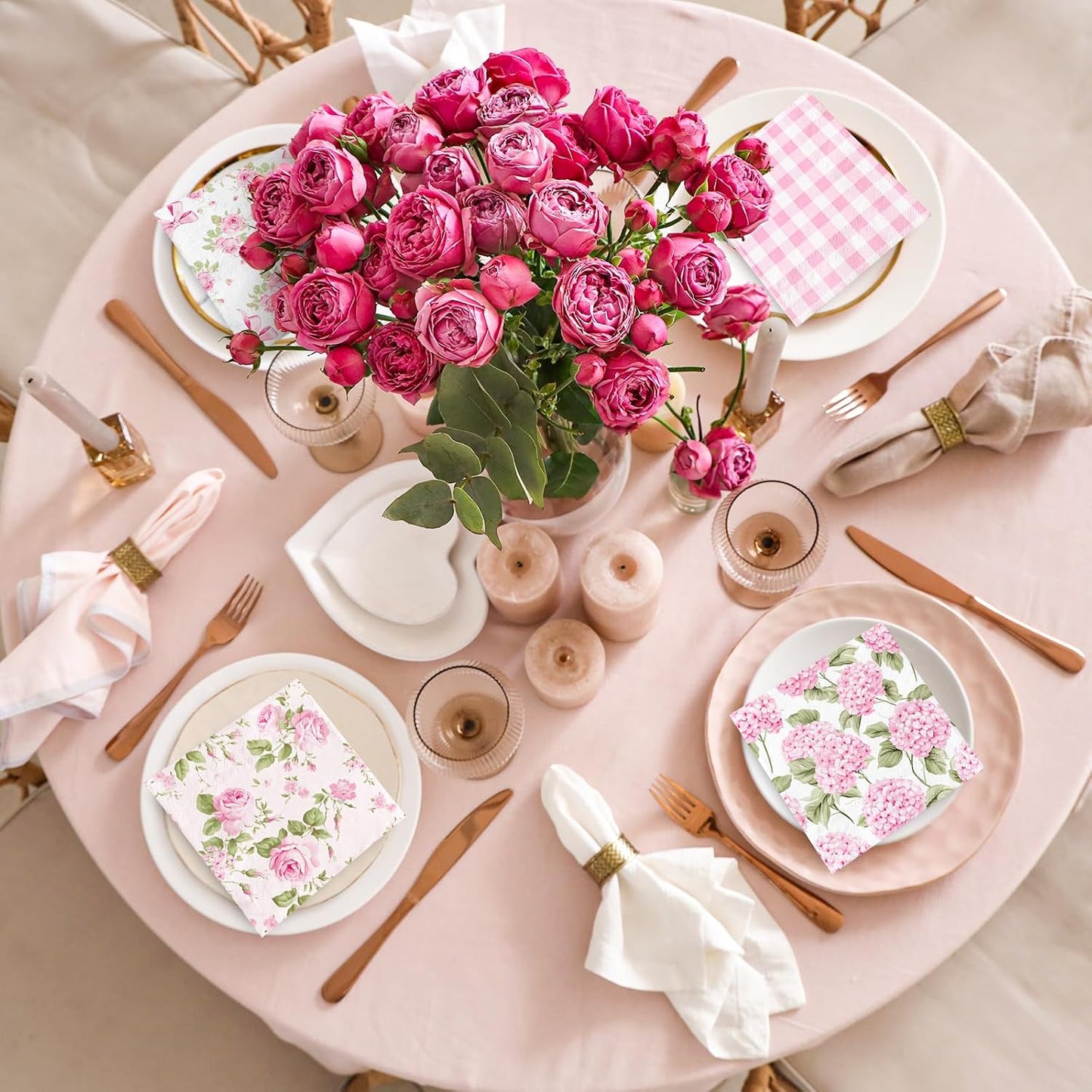 100 Pcs Spring Floral Luncheon Napkins Pink Hydrangea Rose Flower Bow Disposable Paper Napkin Decorative Dessert Dinner Hand Napkin for Decoupage Home Party Table Supplies Decor