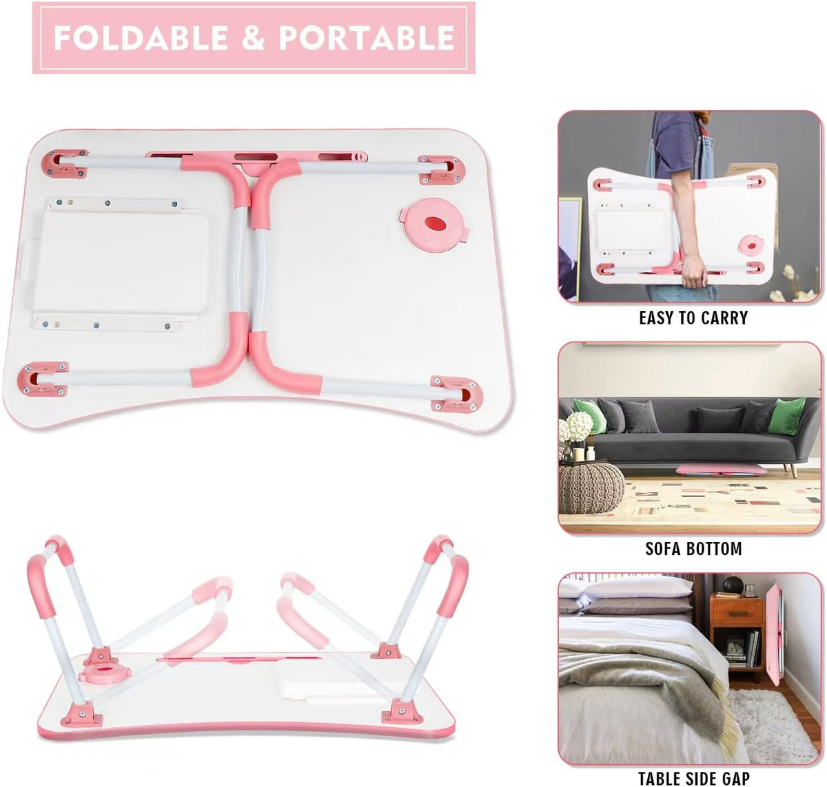 Laptop Bed Table, Foldable Laptop Desk Bed Tray with Storage Drawer, Lap Desk TV Tray for Breakfast Serving, Notebook Stand Reading Holder with Phone Slot and Cup Holder for Sofa Couch Floor-Pink