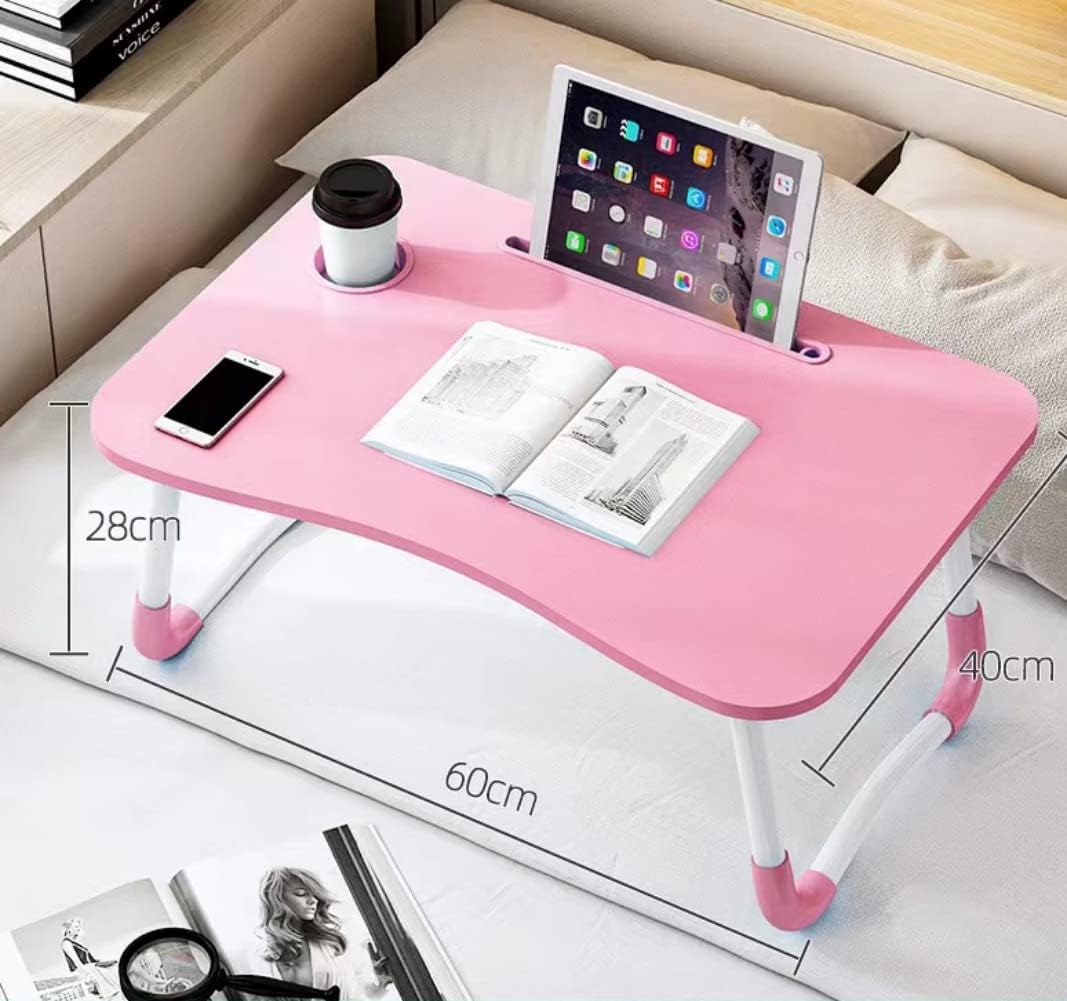 Laptop Bed Table, Foldable Laptop Desk Bed Tray with Storage Drawer, Lap Desk TV Tray for Breakfast Serving, Notebook Stand Reading Holder with Phone Slot and Cup Holder for Sofa Couch Floor-Pink
