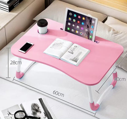 Laptop Bed Table, Foldable Laptop Desk Bed Tray with Storage Drawer, Lap Desk TV Tray for Breakfast Serving, Notebook Stand Reading Holder with Phone Slot and Cup Holder for Sofa Couch Floor-Pink