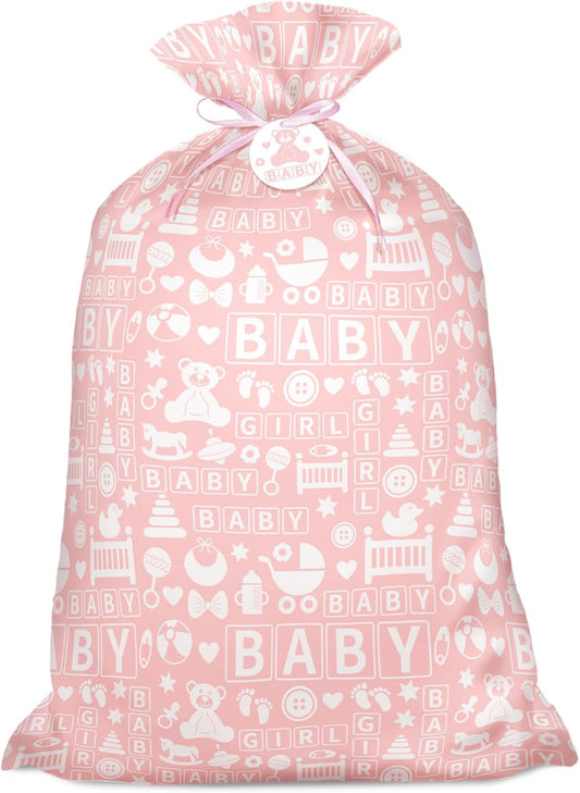 56" Pink Jumbo Plastic Gift Bag, Baby Girl Design Extra Large Plastic Bag with Tag and Tie for Birthday, Baby Shower and Holiday