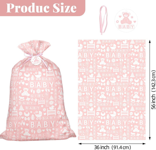 56" Pink Jumbo Plastic Gift Bag, Baby Girl Design Extra Large Plastic Bag with Tag and Tie for Birthday, Baby Shower and Holiday