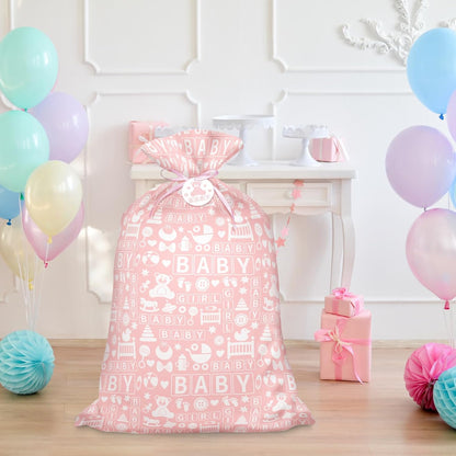 56" Pink Jumbo Plastic Gift Bag, Baby Girl Design Extra Large Plastic Bag with Tag and Tie for Birthday, Baby Shower and Holiday