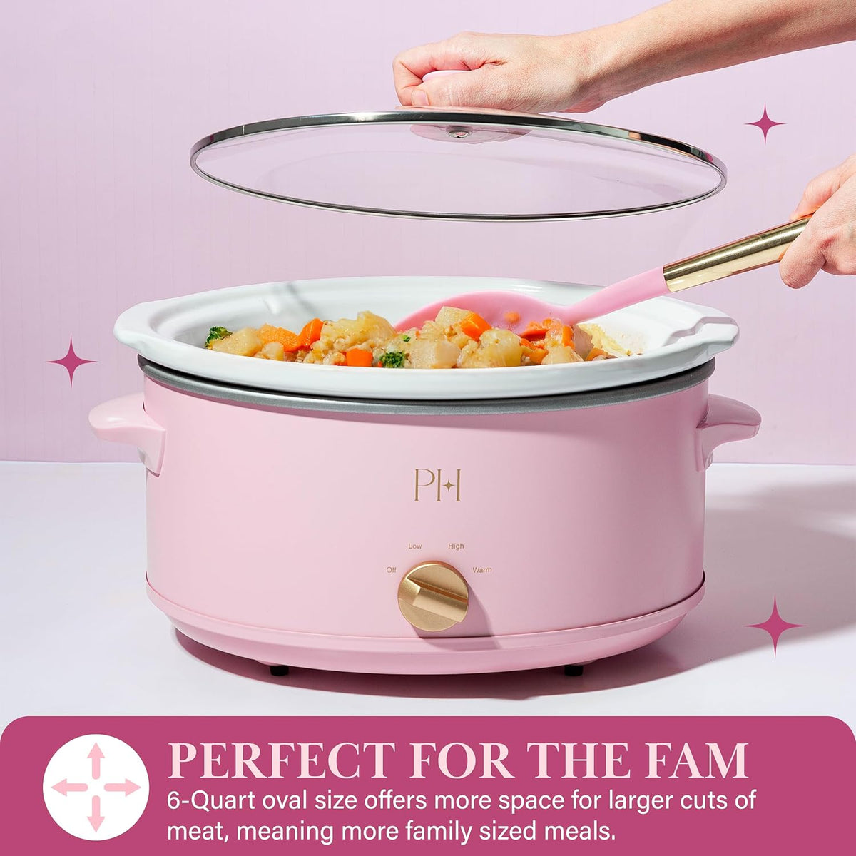 Paris Hilton 6-Quart Manual Slow Cooker, Naturally Nonstick Stoneware Ceramic Insert, Three Settings (Low, High, Warm), Dishwasher Safe Family Size Slow Cooker, Pink