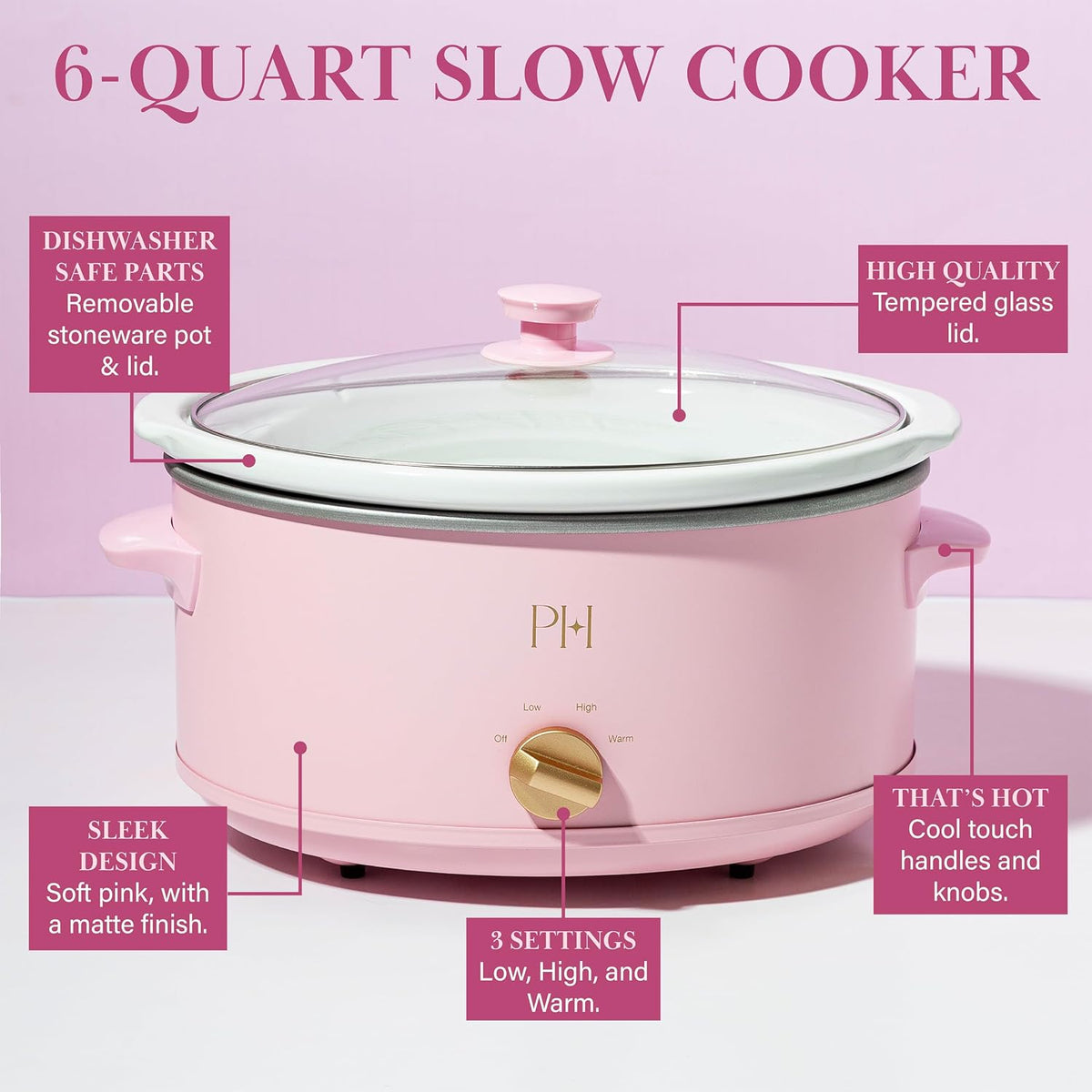 Paris Hilton 6-Quart Manual Slow Cooker, Naturally Nonstick Stoneware Ceramic Insert, Three Settings (Low, High, Warm), Dishwasher Safe Family Size Slow Cooker, Pink