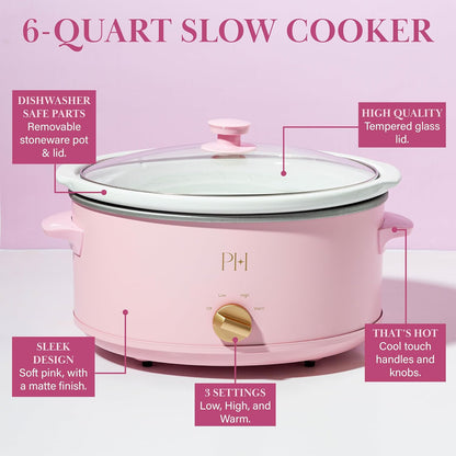 Paris Hilton 6-Quart Manual Slow Cooker, Naturally Nonstick Stoneware Ceramic Insert, Three Settings (Low, High, Warm), Dishwasher Safe Family Size Slow Cooker, Pink