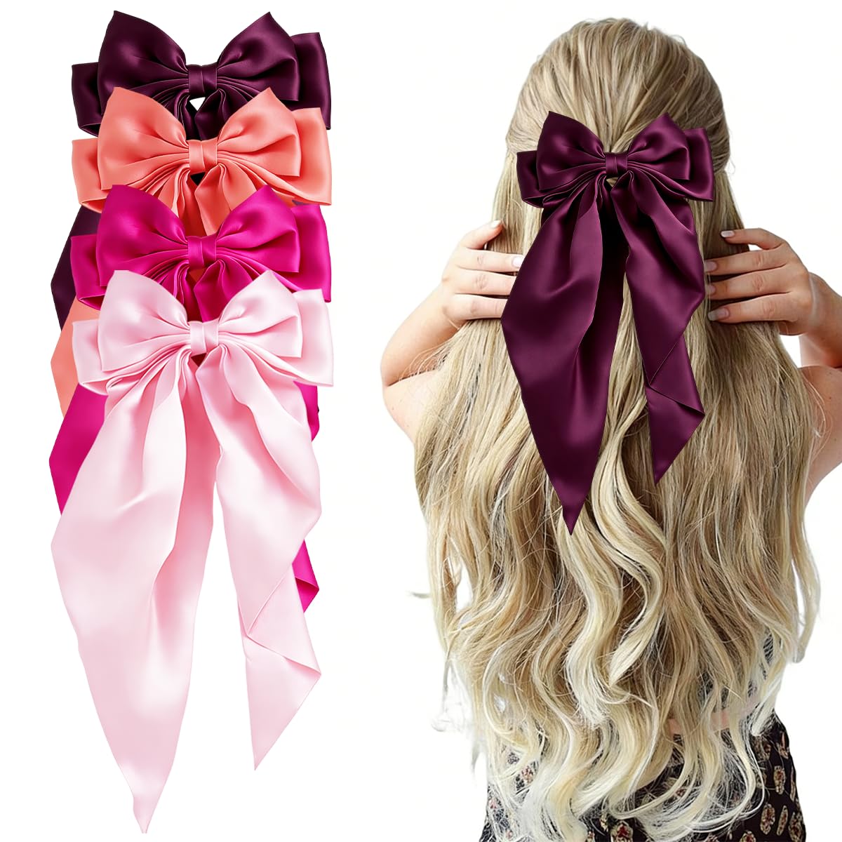 4Pcs Hair Bows Clip, Hot Pink Elegant Satin Bow Hair Clip Cheer Bows Valentine's Day Gift for Birthday, Wedding, Holidays - Light, Coral, Bright, Rose