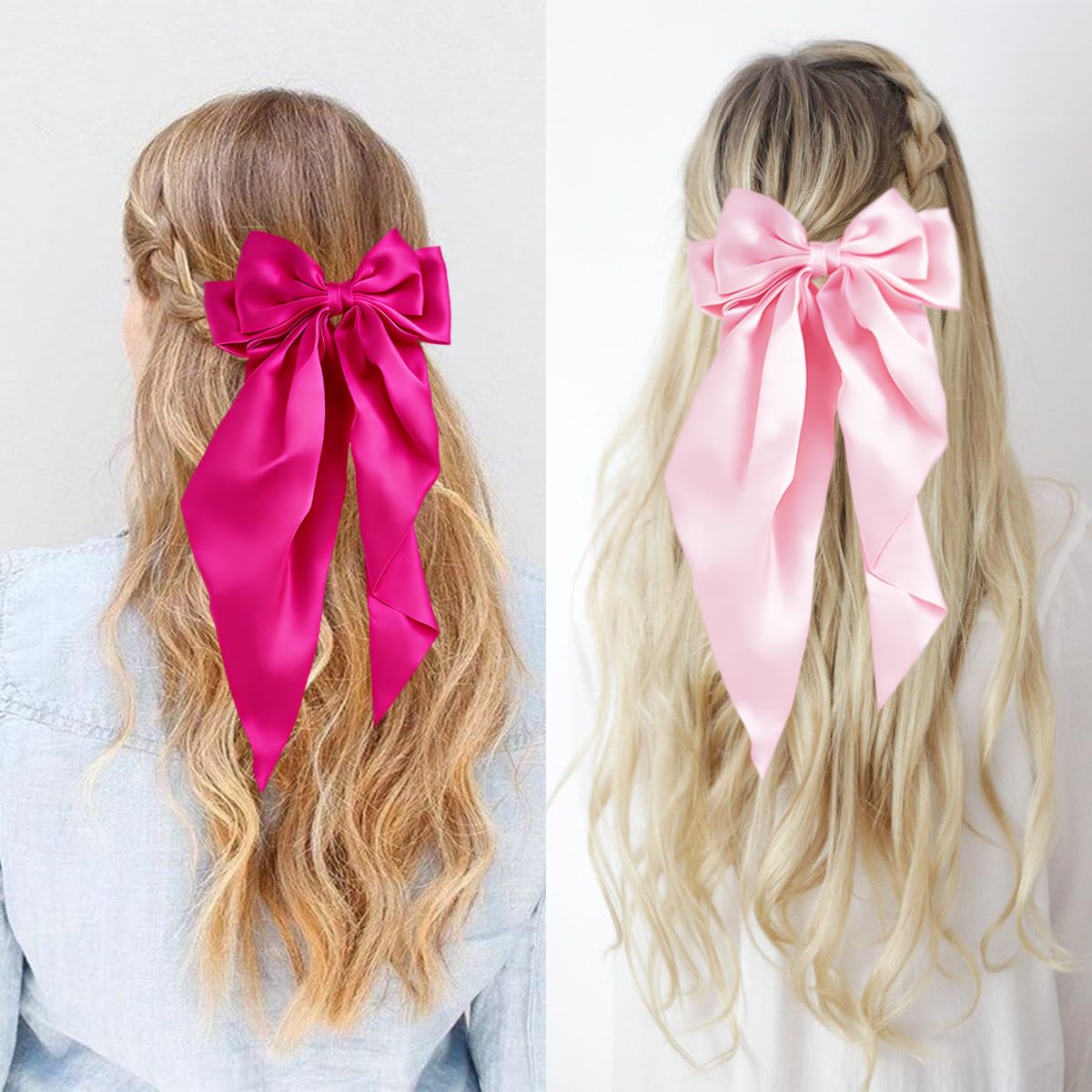 4Pcs Hair Bows Clip, Hot Pink Elegant Satin Bow Hair Clip Cheer Bows Valentine's Day Gift for Birthday, Wedding, Holidays - Light, Coral, Bright, Rose