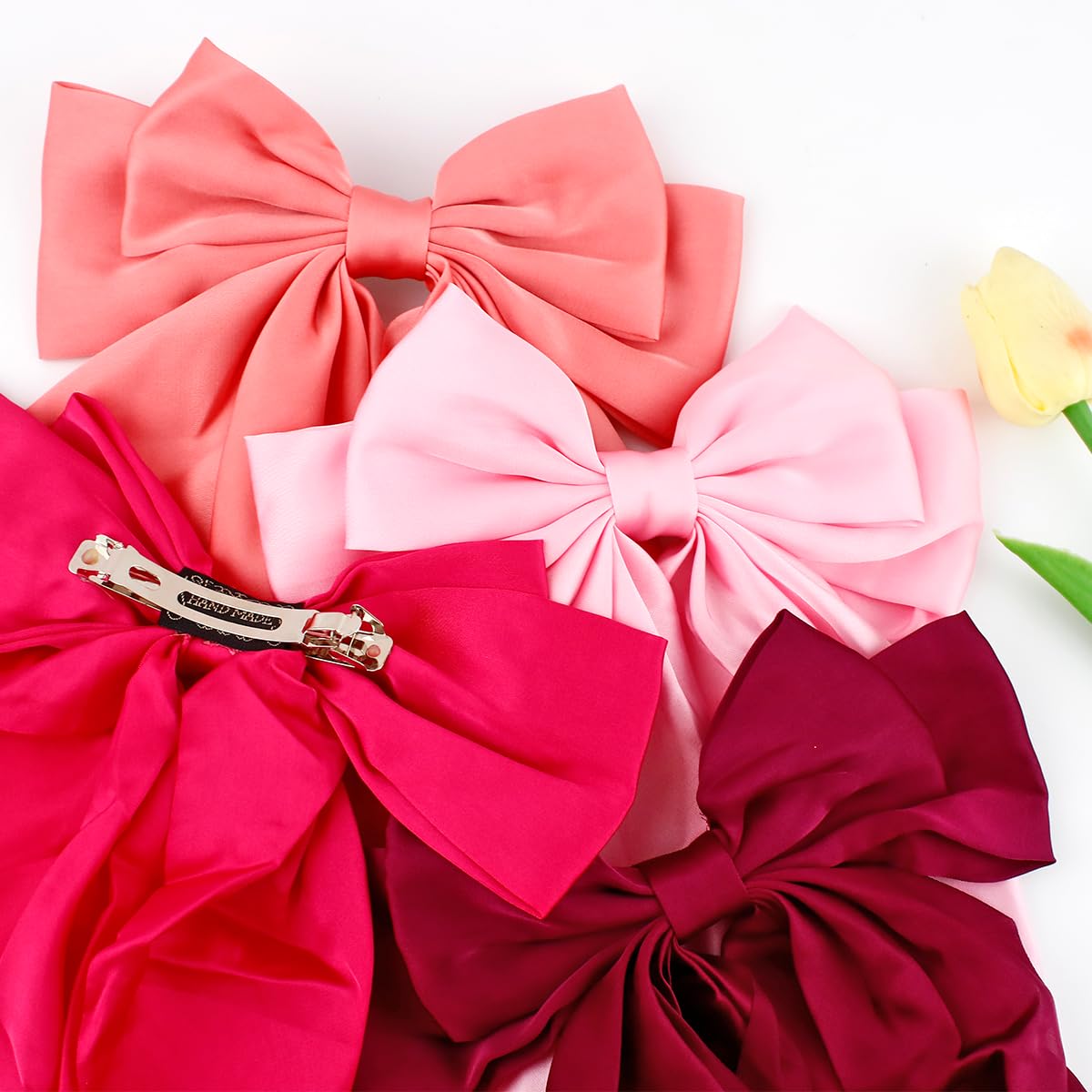 4Pcs Hair Bows Clip, Hot Pink Elegant Satin Bow Hair Clip Cheer Bows Valentine's Day Gift for Birthday, Wedding, Holidays - Light, Coral, Bright, Rose