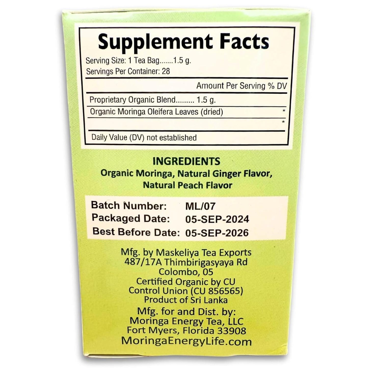 Moringa Peach Ginger Tea 28 tea bags (Keto, Detox, Paleo, Vitamin & Minerals, Vegan, Gluten-Free, Non-GMO, Herbal, Caffeine-Free)