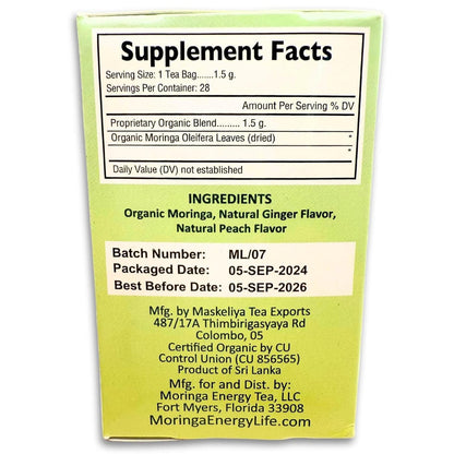 Moringa Peach Ginger Tea 28 tea bags (Keto, Detox, Paleo, Vitamin & Minerals, Vegan, Gluten-Free, Non-GMO, Herbal, Caffeine-Free)
