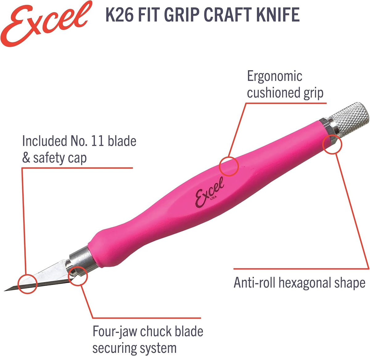 #11 Blade Fit Grip Craft Knife, Rubber Grip, Pink