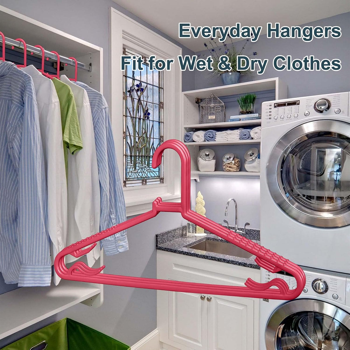 Plastic Hangers 50 Pack, Light Weight Durable Clothes Hangers with Hooks Standard Size G-Shape&Non-Slip Coat Hangers for Everyday Use (Pink)