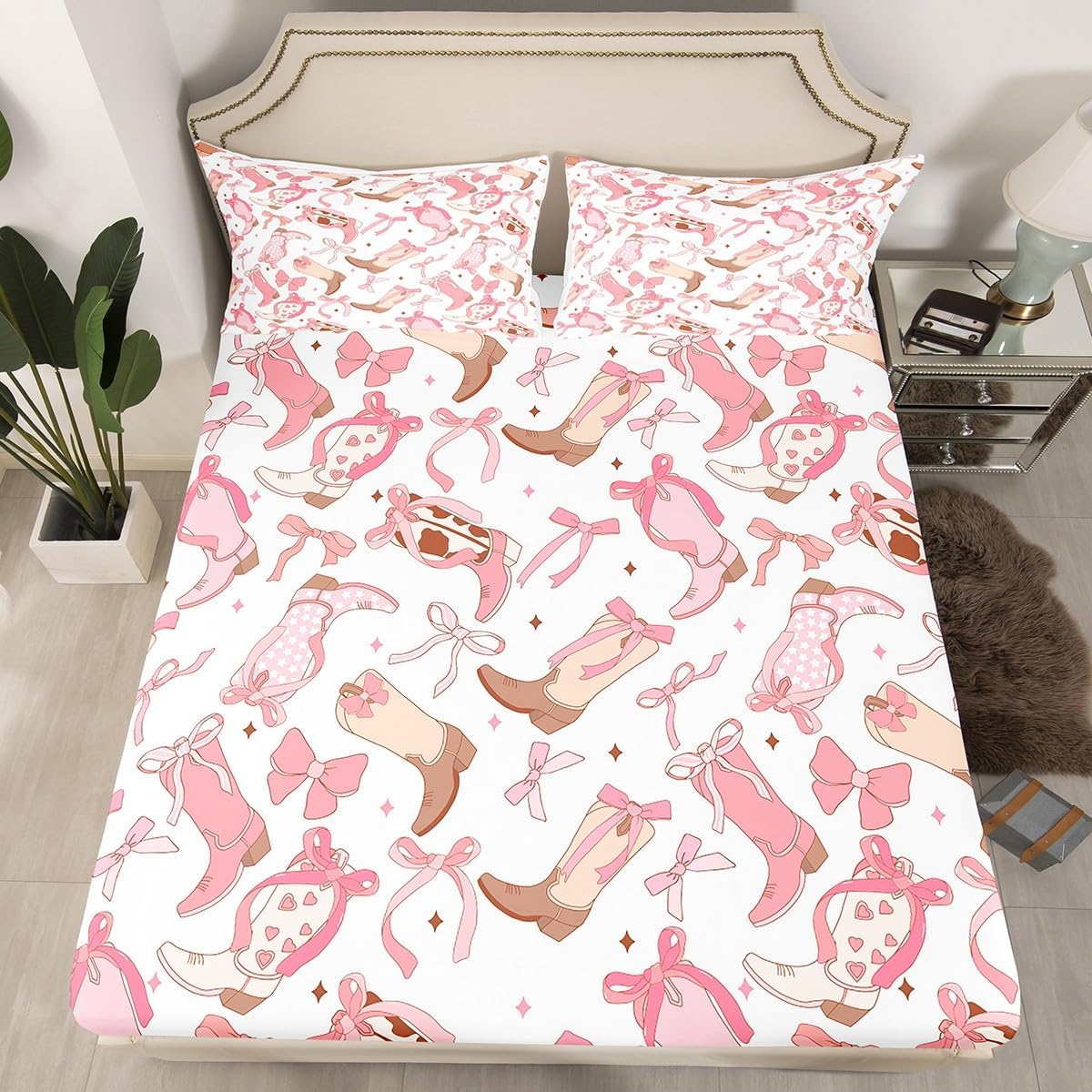 Western Decor Sheet Set King Size Bowknot Sheets with Deep Pocket Fitted Sheet for Boys Girls Teens Wild Western Cowboy Bed Sheets Set Rodeo Cowboy Style Bedding Set Peach Pink Bed Set