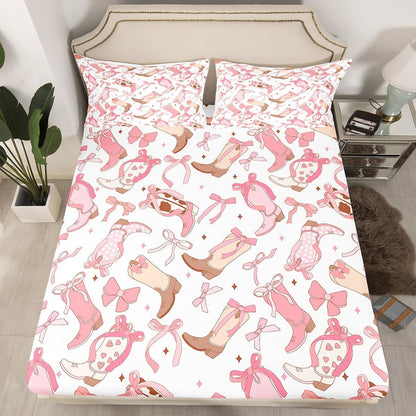 Western Decor Sheet Set King Size Bowknot Sheets with Deep Pocket Fitted Sheet for Boys Girls Teens Wild Western Cowboy Bed Sheets Set Rodeo Cowboy Style Bedding Set Peach Pink Bed Set