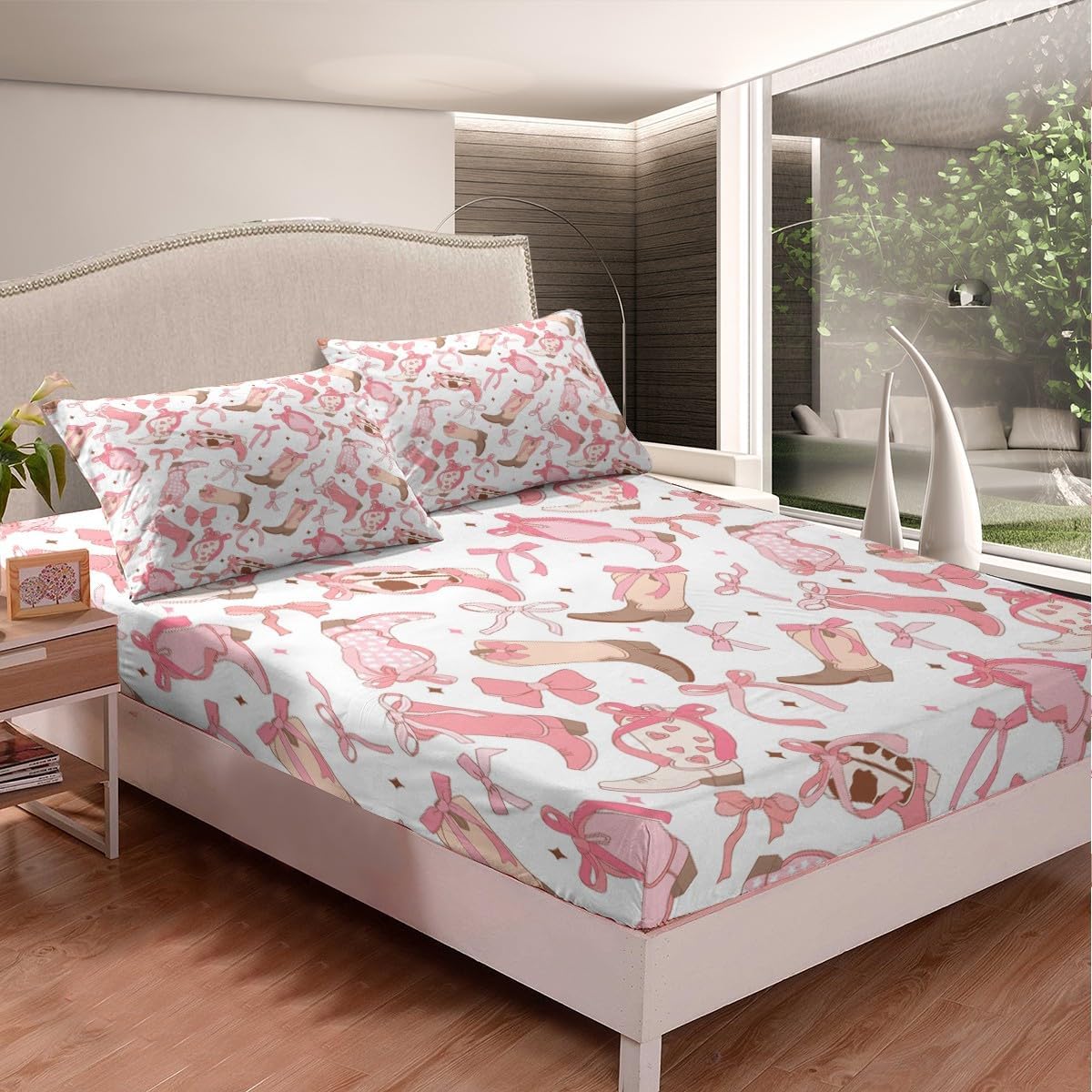 Western Decor Sheet Set King Size Bowknot Sheets with Deep Pocket Fitted Sheet for Boys Girls Teens Wild Western Cowboy Bed Sheets Set Rodeo Cowboy Style Bedding Set Peach Pink Bed Set