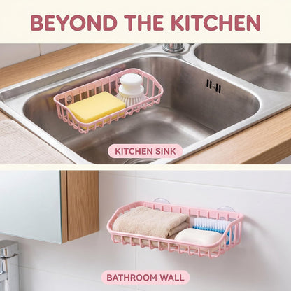 Pink Multifunctional Drain Rack, Hanging Storage Rack Drain Rack Sink Shelf Suction Cup Dishwashing Soap Sponge Holder for Kitchen Accessories