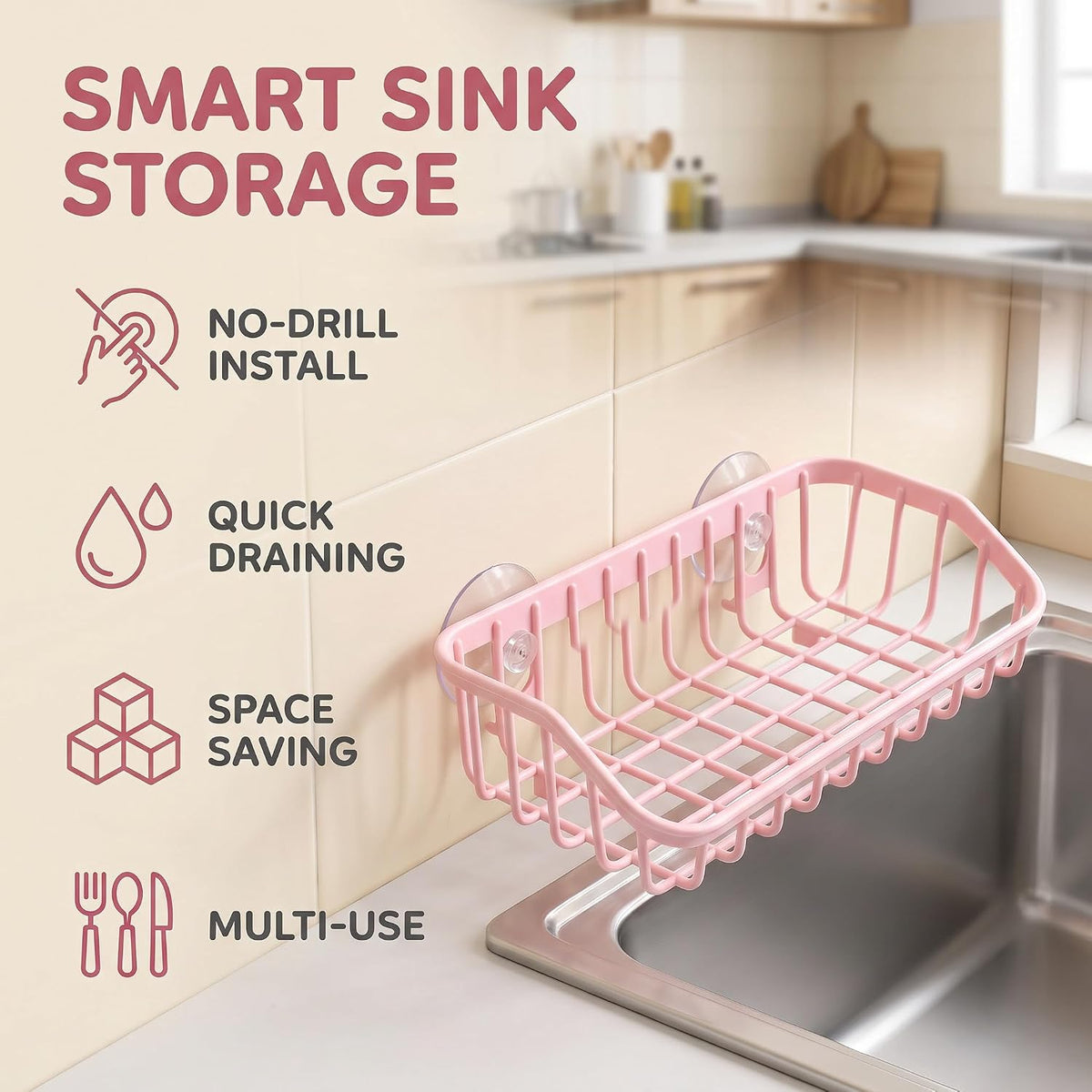 Pink Multifunctional Drain Rack, Hanging Storage Rack Drain Rack Sink Shelf Suction Cup Dishwashing Soap Sponge Holder for Kitchen Accessories