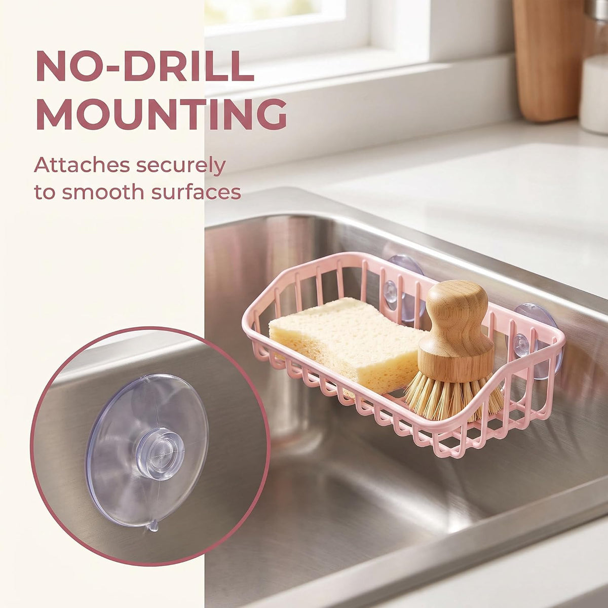 Pink Multifunctional Drain Rack, Hanging Storage Rack Drain Rack Sink Shelf Suction Cup Dishwashing Soap Sponge Holder for Kitchen Accessories