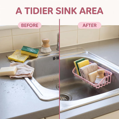 Pink Multifunctional Drain Rack, Hanging Storage Rack Drain Rack Sink Shelf Suction Cup Dishwashing Soap Sponge Holder for Kitchen Accessories