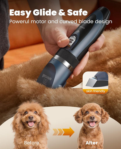 oneisall Dog Clippers and Paw Trimmer Grooming Kit | Low Noise, Powerful Motor, 3-in-1 Dog Trimmers+Nail Grinder, Long-Lasting Battery&Cordless, For Small Medium Large Dogs