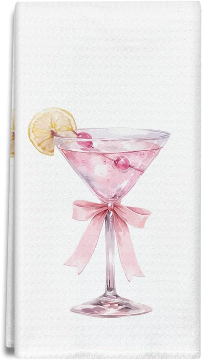 Pink Bow Champagne Kitchen Towels and Dishcloths, Coquette Decorative Hand Towel Drying Cloth for Bathroom Home Bar, Housewarming Gift for Friend, Woman, Hostess, 16x24 Inches -07