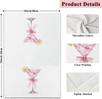 Pink Bow Champagne Kitchen Towels and Dishcloths, Coquette Decorative Hand Towel Drying Cloth for Bathroom Home Bar, Housewarming Gift for Friend, Woman, Hostess, 16x24 Inches -07