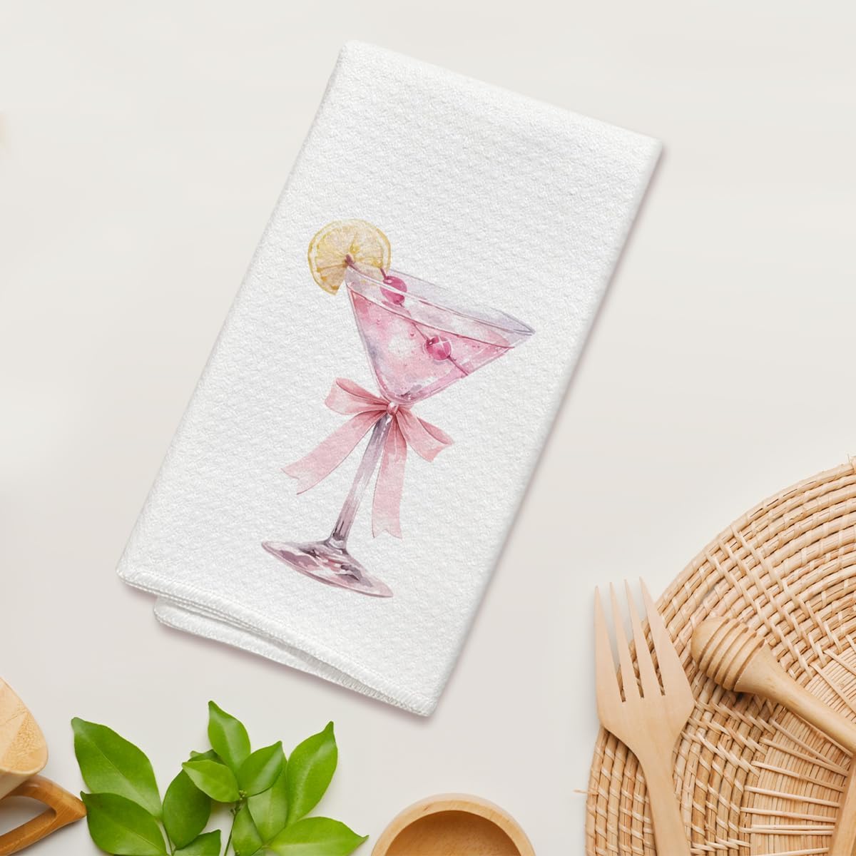 Pink Bow Champagne Kitchen Towels and Dishcloths, Coquette Decorative Hand Towel Drying Cloth for Bathroom Home Bar, Housewarming Gift for Friend, Woman, Hostess, 16x24 Inches -07