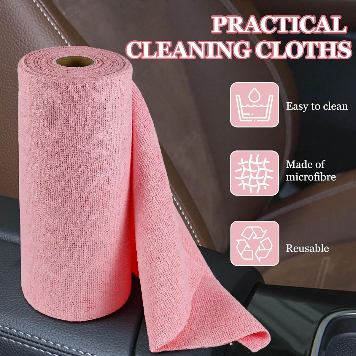 50PCS Microfiber Cleaning Cloth Roll, 10"×10" Wash Cloths, Pink