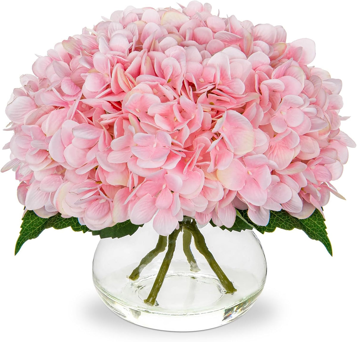 Pink Hydrangea Artificial Flowers with Glass Vase Silk Faux Flowers Arrangements with Clear Faux Water Fake Floral Bulk Bouquet for Home Decor Table Centerpiece Decorations