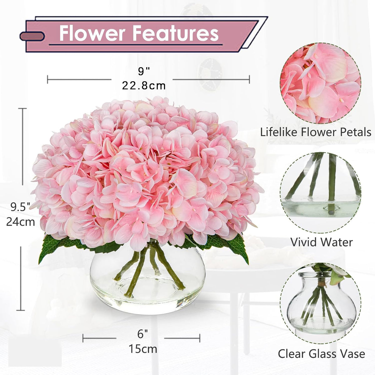 Pink Hydrangea Artificial Flowers with Glass Vase Silk Faux Flowers Arrangements with Clear Faux Water Fake Floral Bulk Bouquet for Home Decor Table Centerpiece Decorations