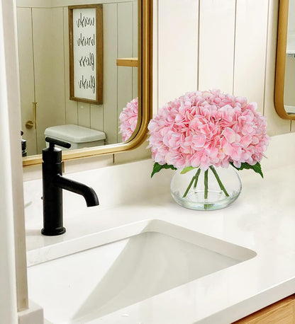 Pink Hydrangea Artificial Flowers with Glass Vase Silk Faux Flowers Arrangements with Clear Faux Water Fake Floral Bulk Bouquet for Home Decor Table Centerpiece Decorations
