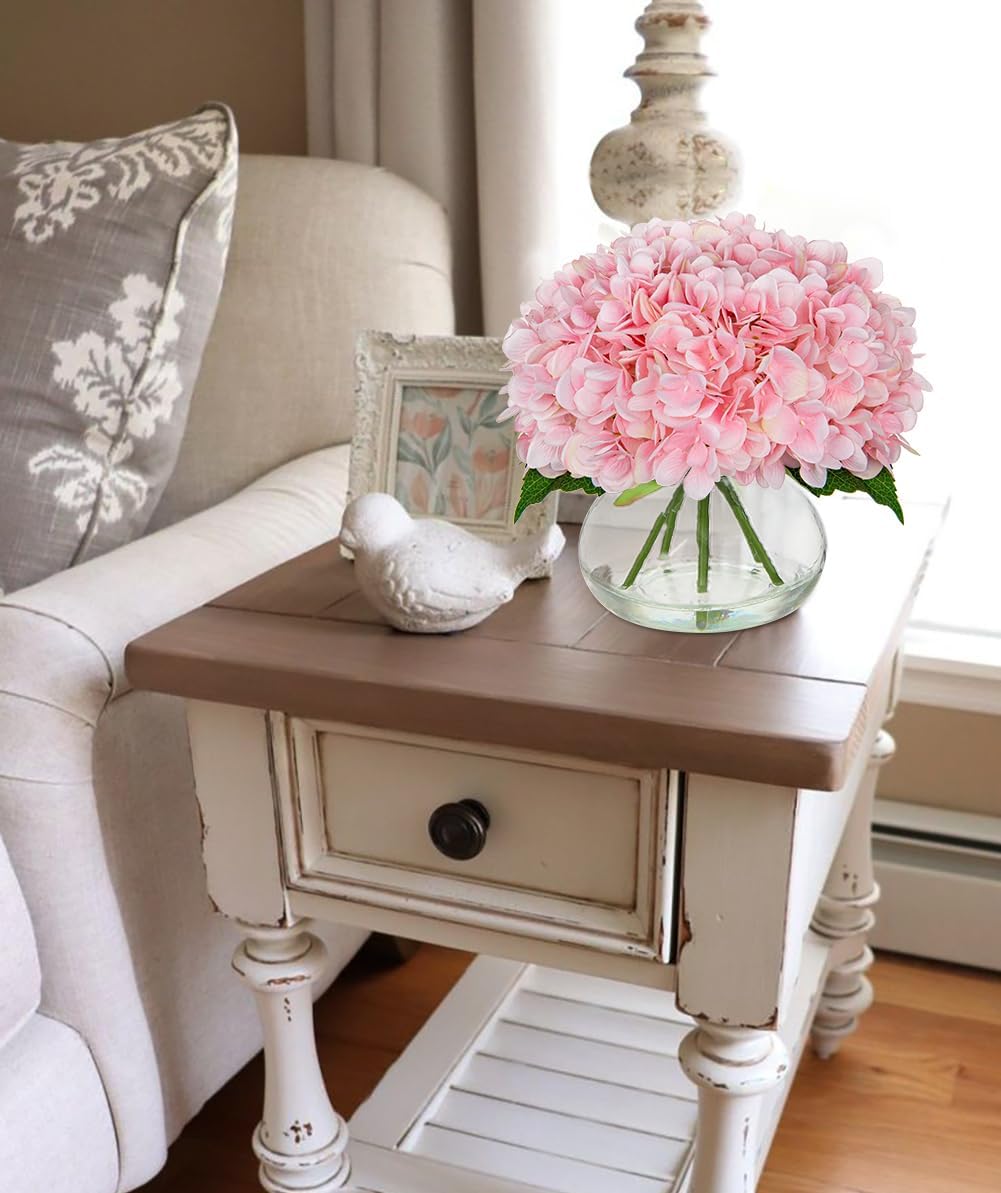 Pink Hydrangea Artificial Flowers with Glass Vase Silk Faux Flowers Arrangements with Clear Faux Water Fake Floral Bulk Bouquet for Home Decor Table Centerpiece Decorations
