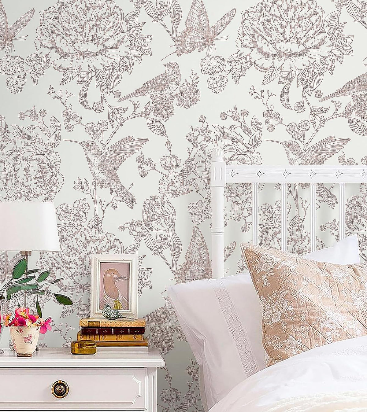 Pink Peel and Stick Wallpaper Floral Birds Butterfly Contact Paper 17.3"x78.7" Vintage Wall Paper Self Adhesive Removable Wallpaper for Bedroom Bathroom Laundry Room Farmhouse Vinyl Rolls