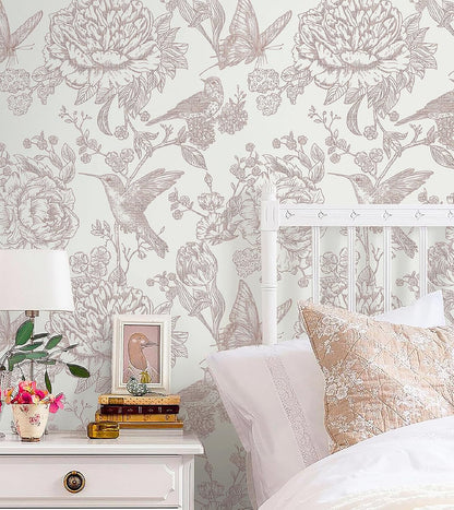 Pink Peel and Stick Wallpaper Floral Birds Butterfly Contact Paper 17.3"x78.7" Vintage Wall Paper Self Adhesive Removable Wallpaper for Bedroom Bathroom Laundry Room Farmhouse Vinyl Rolls