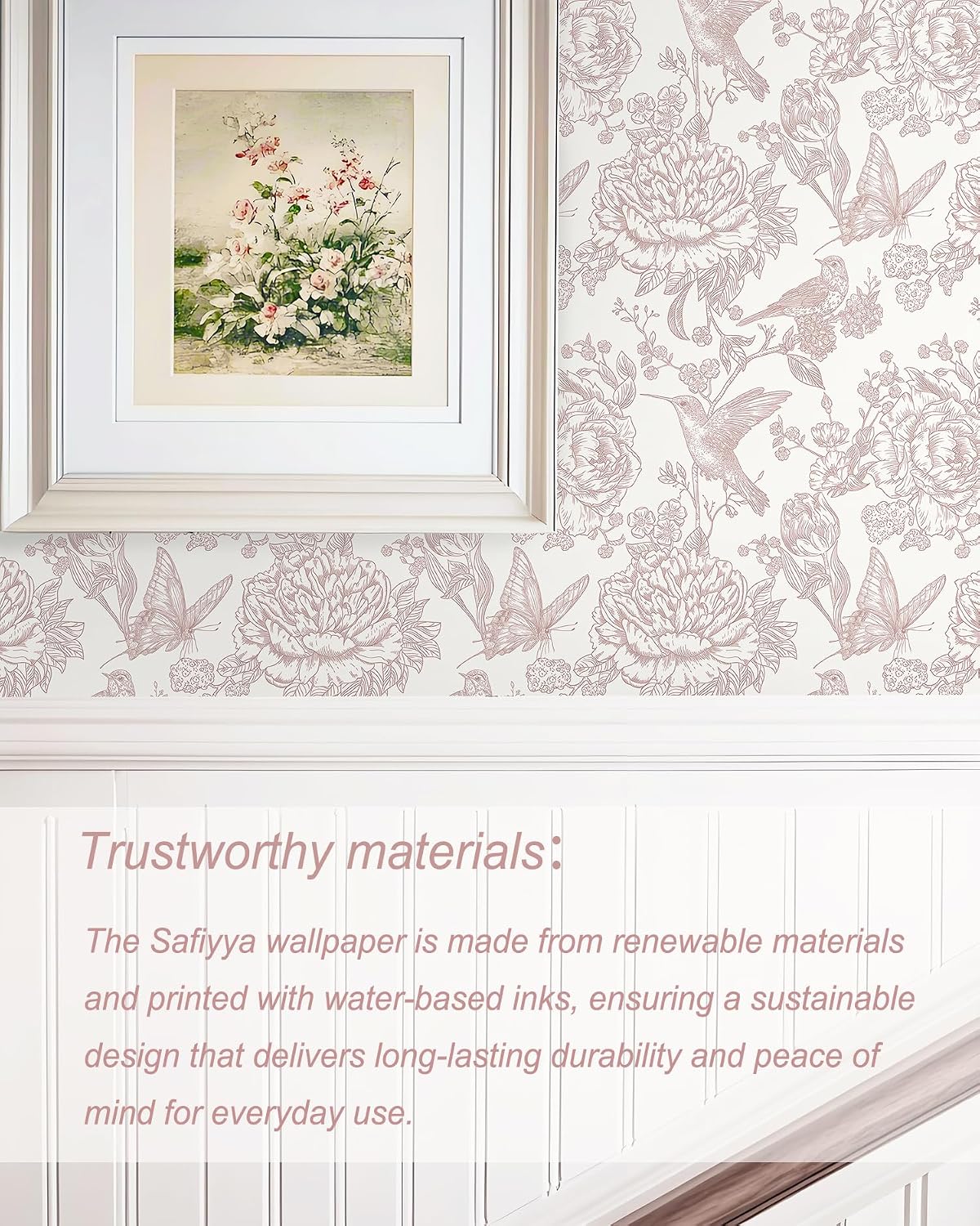 Pink Peel and Stick Wallpaper Floral Birds Butterfly Contact Paper 17.3"x78.7" Vintage Wall Paper Self Adhesive Removable Wallpaper for Bedroom Bathroom Laundry Room Farmhouse Vinyl Rolls