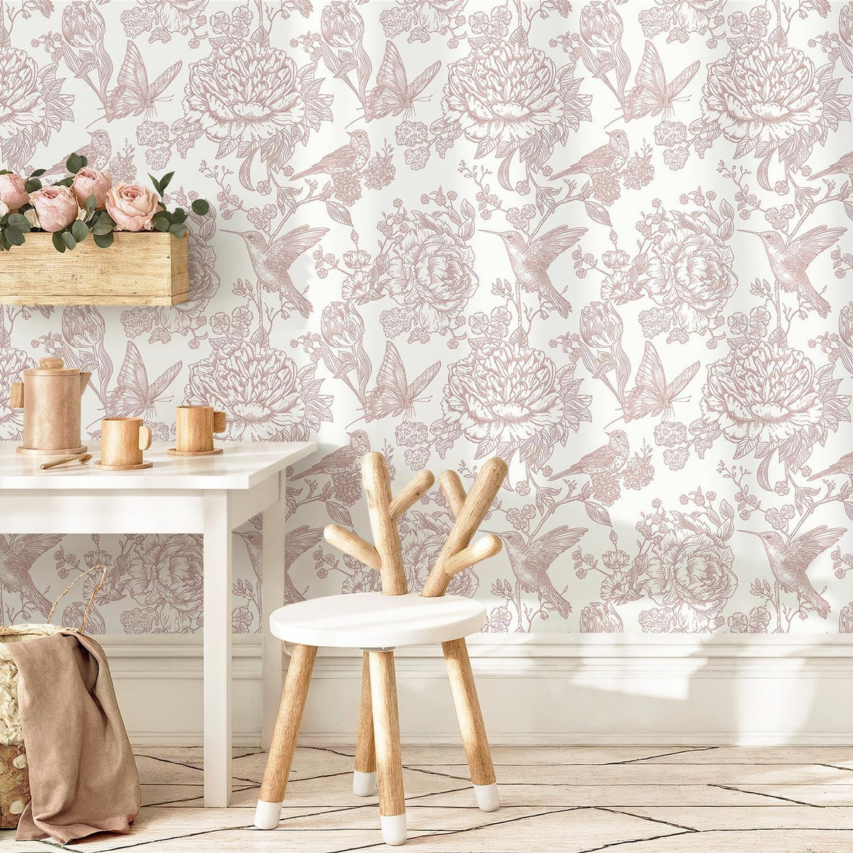 Pink Peel and Stick Wallpaper Floral Birds Butterfly Contact Paper 17.3"x78.7" Vintage Wall Paper Self Adhesive Removable Wallpaper for Bedroom Bathroom Laundry Room Farmhouse Vinyl Rolls