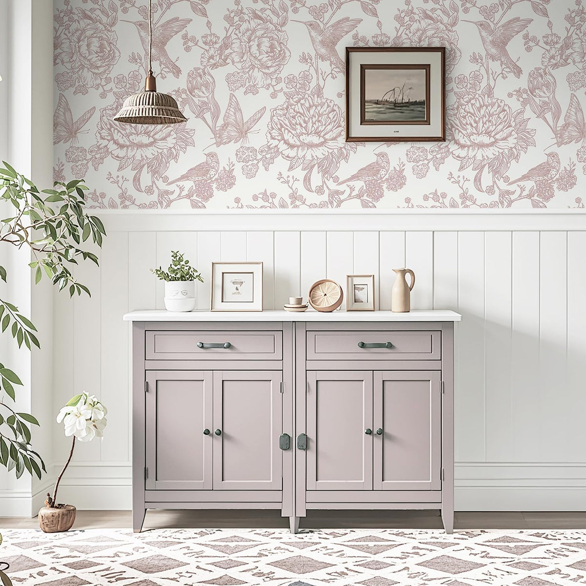 Pink Peel and Stick Wallpaper Floral Birds Butterfly Contact Paper 17.3"x78.7" Vintage Wall Paper Self Adhesive Removable Wallpaper for Bedroom Bathroom Laundry Room Farmhouse Vinyl Rolls