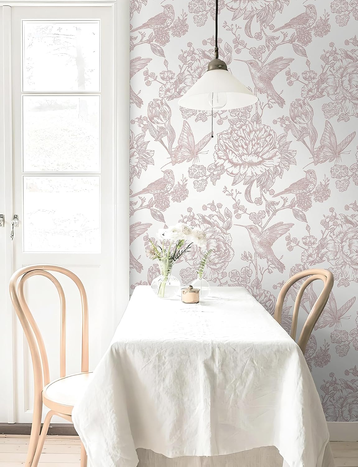 Pink Peel and Stick Wallpaper Floral Birds Butterfly Contact Paper 17.3"x78.7" Vintage Wall Paper Self Adhesive Removable Wallpaper for Bedroom Bathroom Laundry Room Farmhouse Vinyl Rolls